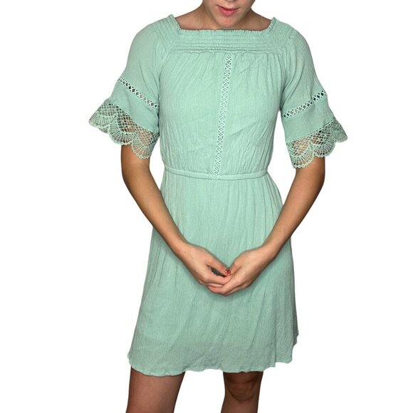 Crochet Embellished Peasant Dress Womens XS Mint Green Gauzy Cottage Boho Flowy - Picture 4 of 11
